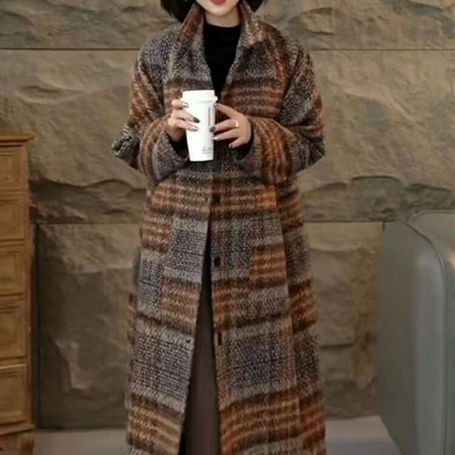 Everose-Double Breasted Plaid Long Coat