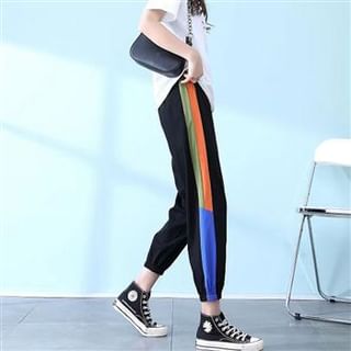 Everose-Drawstring Waist Color Block Tapered Sweatpants