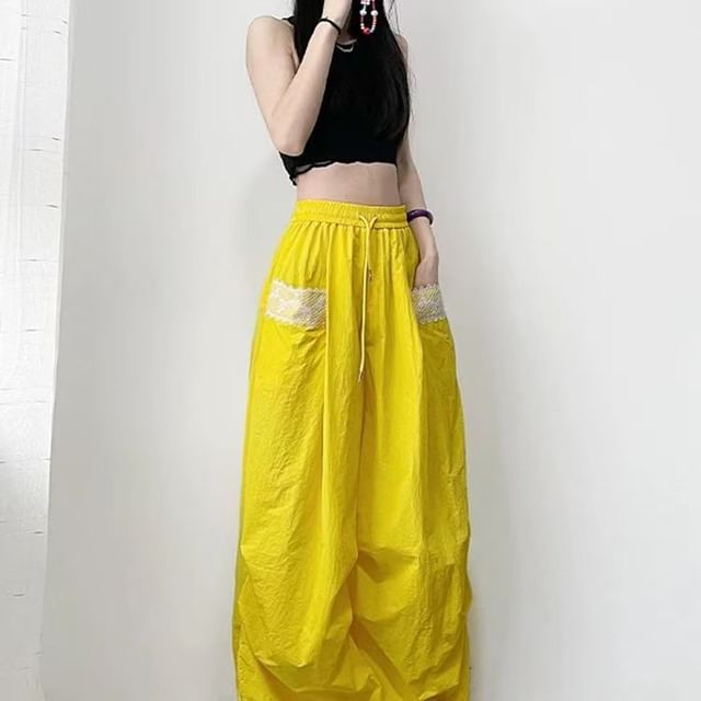 Everose-Drawstring Waist Lace Panel Baggy Pants