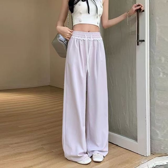 Everose-Drawstring Waist Lace Trim Wide Leg Pants