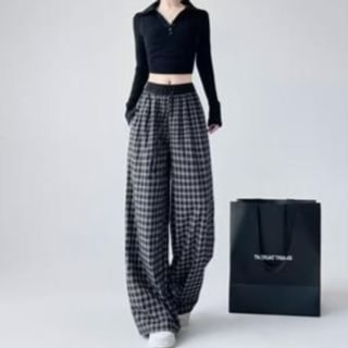 Everose-Drawstring Waist Plaid Baggy Pants