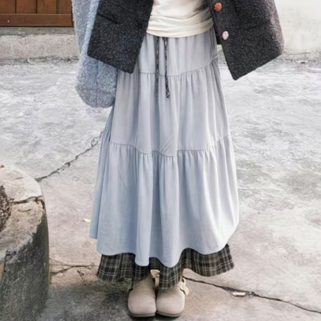 Everose-Drawstring Waist Plaid Mock Two Piece Tiered Panel Corduroy Maxi A-Line Skirt