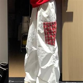 Everose-Drawstring Waist Plaid Panel Baggy Pants