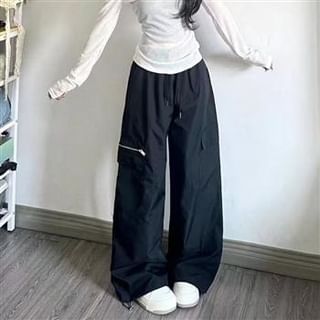 Everose-Drawstring Waist Plain Baggy Cargo Pants