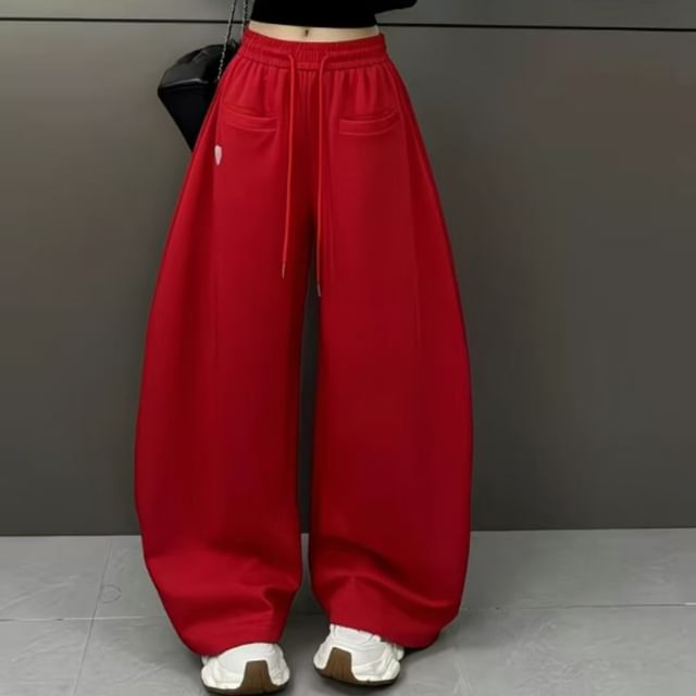 Everose-Drawstring Waist Plain Barrel Leg Baggy Sweatpants