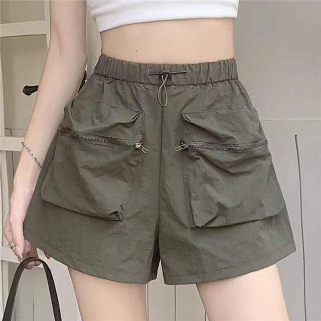 Everose-Drawstring Waist Plain Cargo Shorts