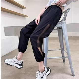 Everose-Drawstring Waist Plain Mesh Panel Cropped Harem Pants