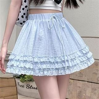 Everose-Drawstring Waist Plain Ruffle Mini A-Line Skirt