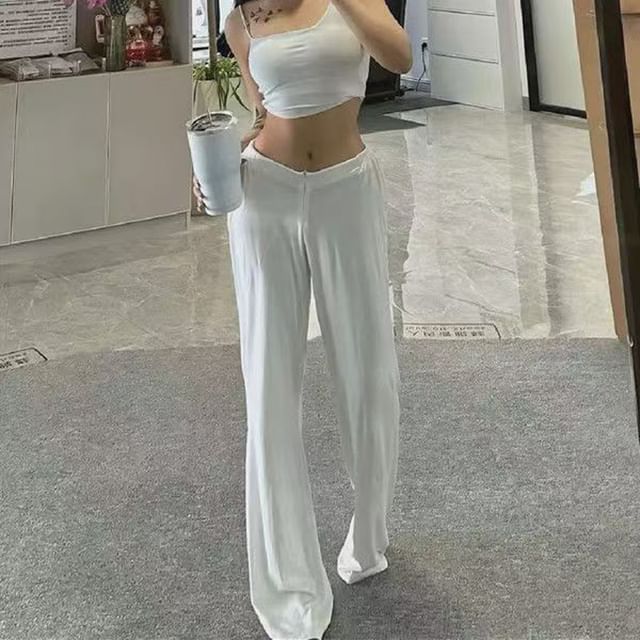 Everose-Drawstring Waist Plain Wide Leg Pants