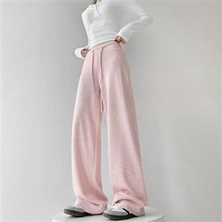 Everose-Drawstring Waist Plain Wide Leg Sweatpants