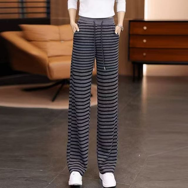 Everose-Drawstring Waist Striped Straight Leg Pants