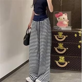 Everose-Drawstring Waist Striped Wide Leg Pants