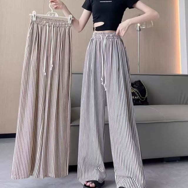 Everose-Drawstring Waist Striped Wide Leg Pants