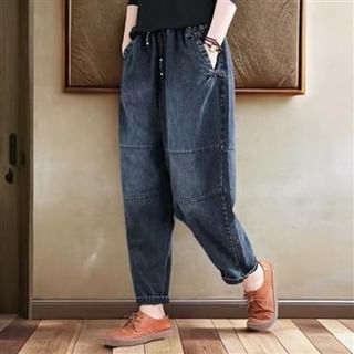 Everose-Drawstring Waist Washed Panel Cropped Tapered Jeans