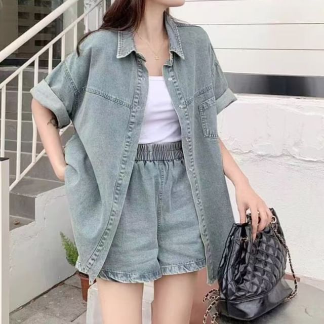 Everose-Elastic Waist Denim Shorts
