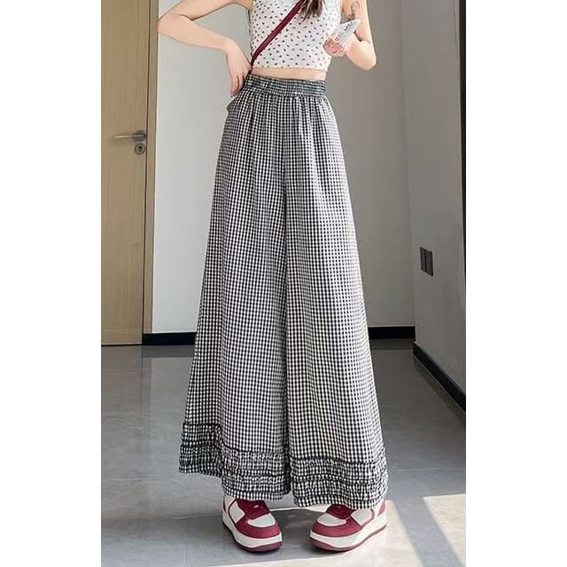 Everose-Elastic Waist Gingham Ruffle Trim Wide Leg Pants