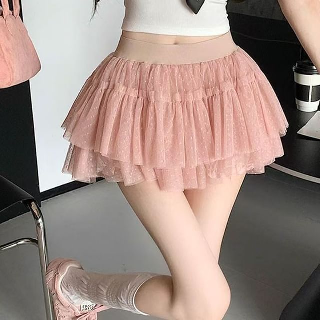 Everose-Elastic Waist Layered Lace Mini A-Line Skort