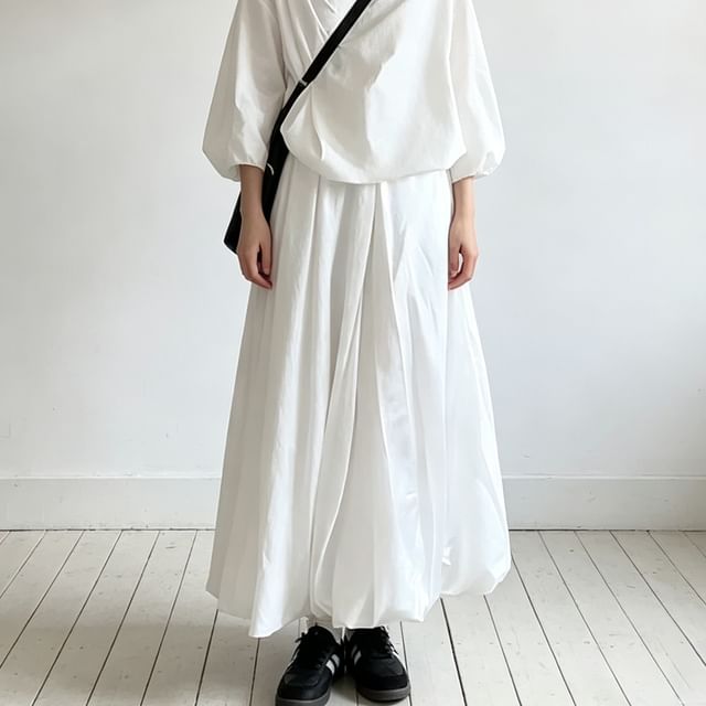 Everose-Elastic Waist Plain Bubble Maxi A-Line Skirt