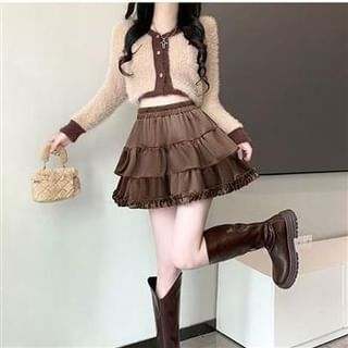 Everose-Elastic Waist Plain Mini Tiered Skirt