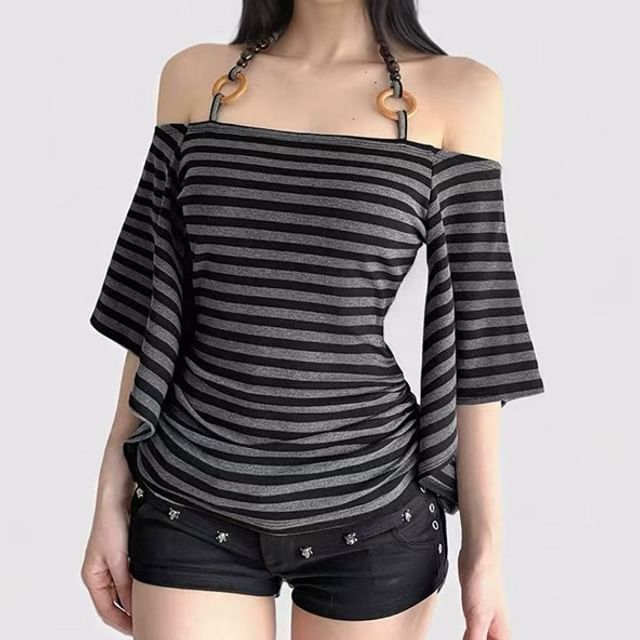 Everose-Elbow Sleeve Cold Shoulder Striped Top