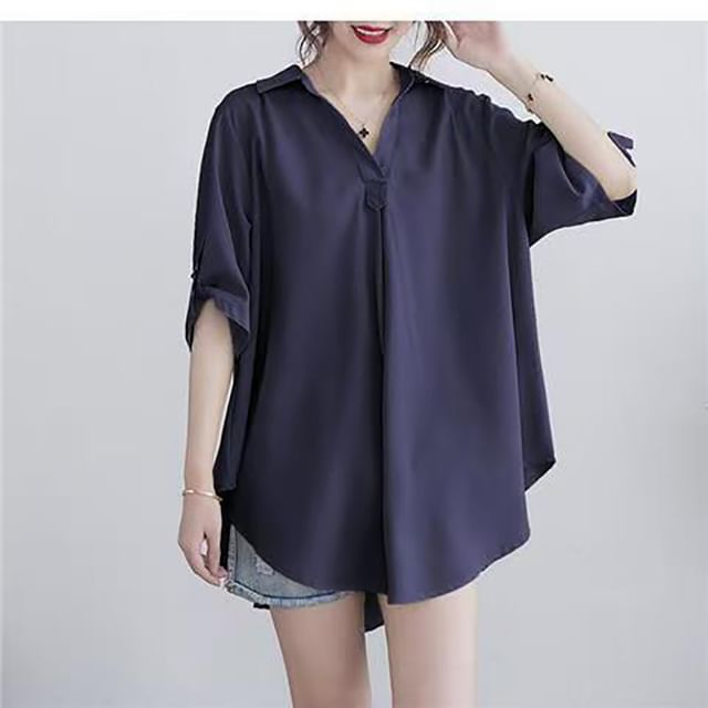 Everose-Elbow-Sleeve Rolled Cuff Plain Chiffon Shirt