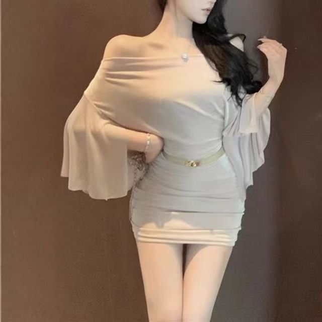 Everose-Flared-Sleeve Off-Shoulder Plain Mini Sheath Dress