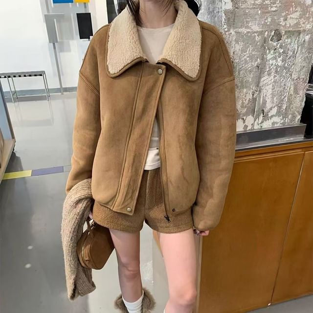 Everose-Fleece Collar Zip-Up Jacket