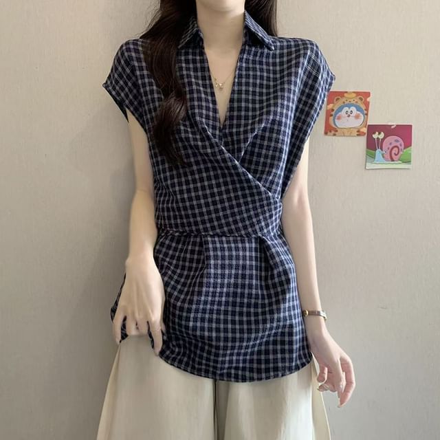 Everose-French Sleeve Collared Plaid Wrap Blouse