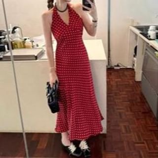 Everose-Halter Dotted Midi A-Line Dress