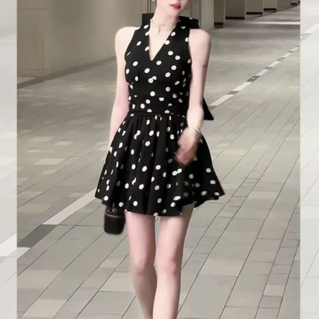 Everose-Halter Dotted Mini A-Line Dress