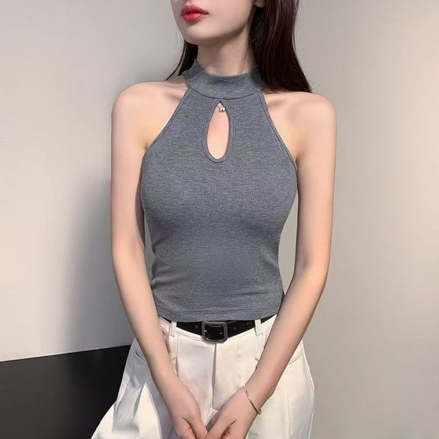 Everose-Halter Mock Neck Plain Keyhole Top