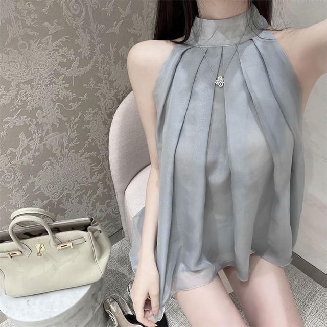 Everose-Halter Mock Neck Plain Pleated Blouse