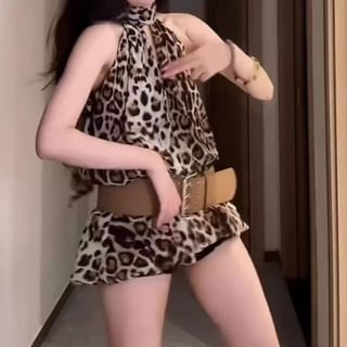 Everose-Halter-Neck Leopard Print Mini A-Line Dress