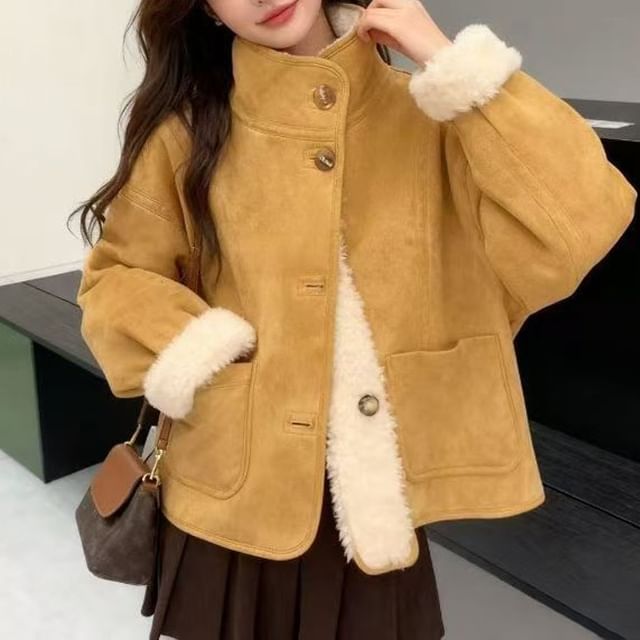 Everose-High Neck Fleece Lined Button-Up Coat