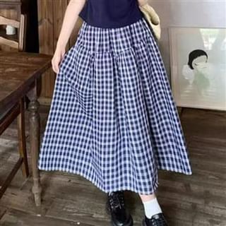 Everose-High Rise Plaid Maxi A-Line Skirt