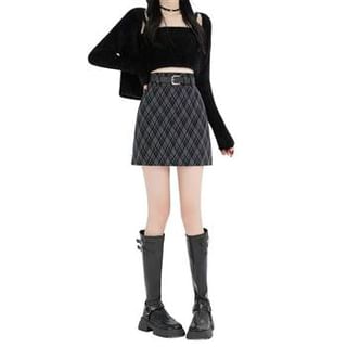 Everose-High Rise Plaid Mini A-Line Skirt