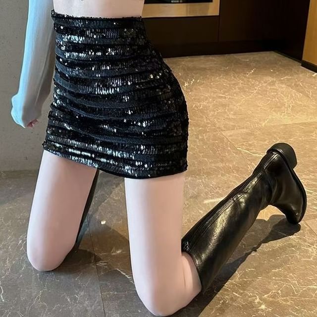 Everose-High Rise Sequin Mini Pencil Skirt