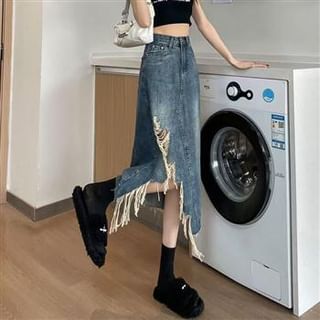 Everose-High Rise Washed Distressed Asymmetrical Midi A-Line Denim Skirt