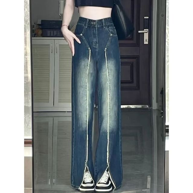 Everose-High Rise Washed Front-Slit Straight Leg Jeans