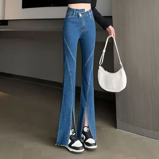 Everose-High Waist Asymmetrical Slit Flared Jeans