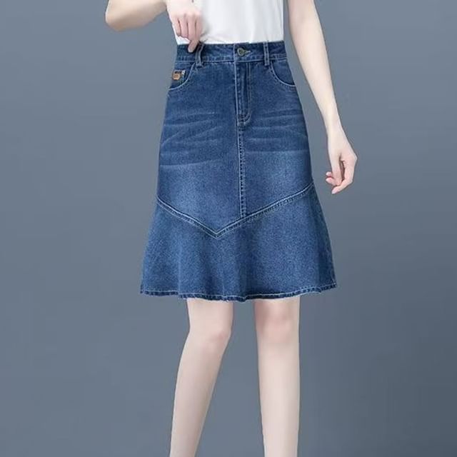 Everose-High Waist Denim A-Line Skirt