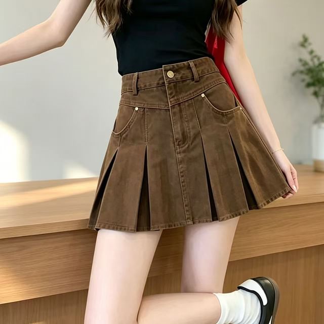 Everose-High Waist Denim Mini Pleated Skirt