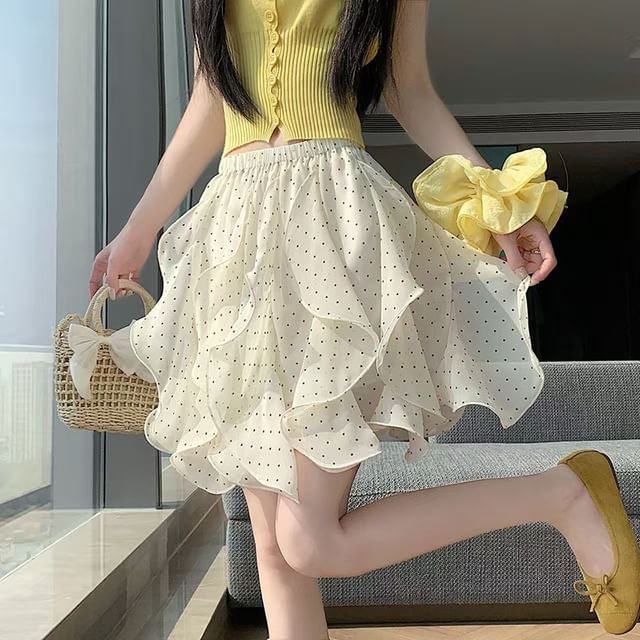 Everose-High Waist Dotted Ruffle A-Line Skirt