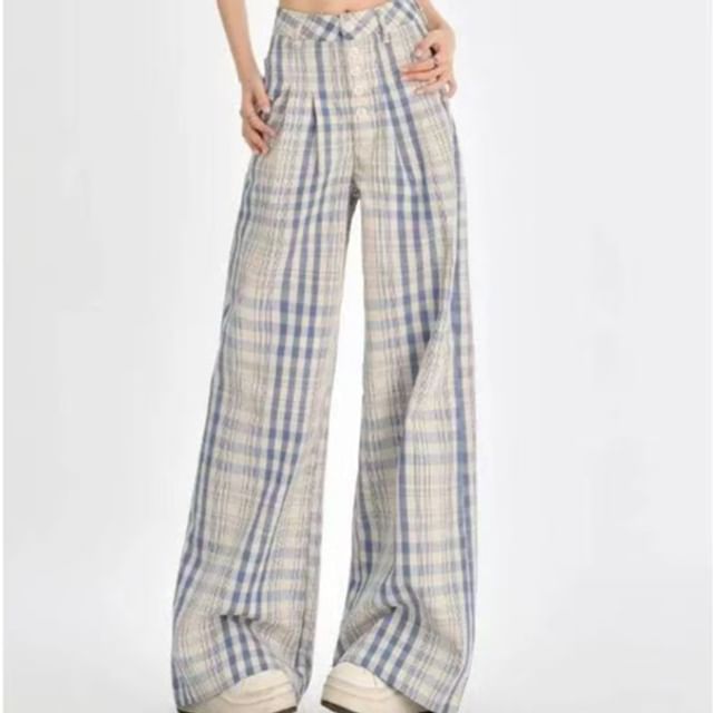 Everose-High Waist Gingham Wide Leg Pants
