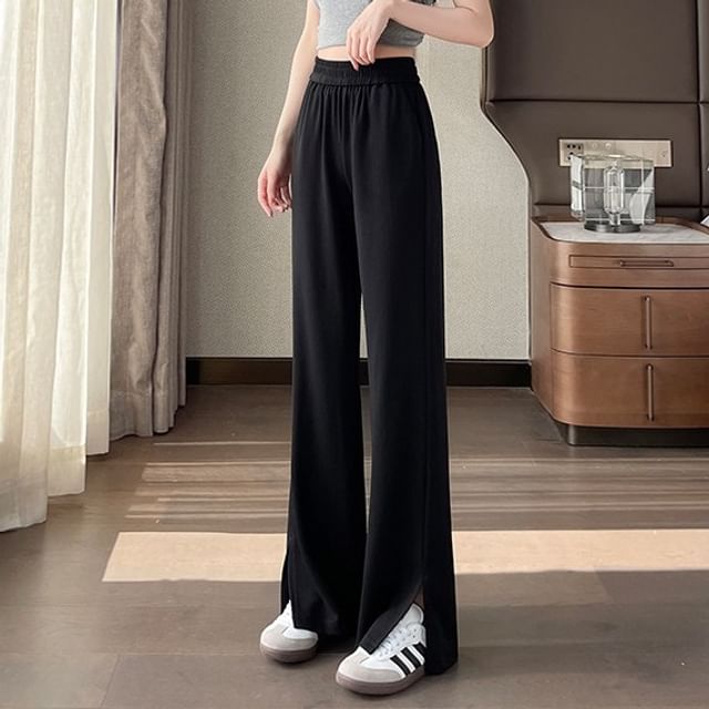 Everose-High Waist Herringbone Slit Loose Fit Pants