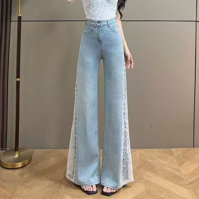 Everose-High Waist Lace Panel Bell Bottom Jeans