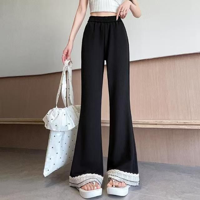 Everose-High Waist Lace Trim Flared Pants