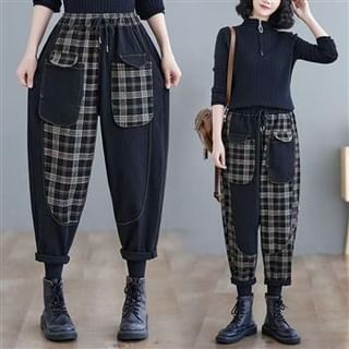 Everose-High Waist Plaid Panel Tapered Jeans