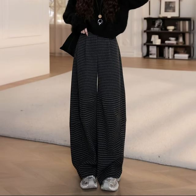 Everose-High Waist Plaid Wide Leg Pants