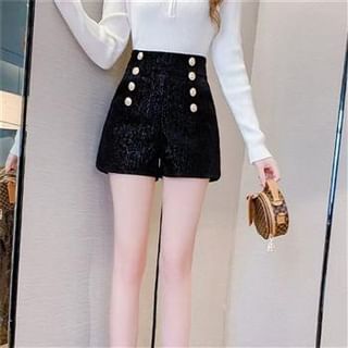 Everose-High Waist Plain Glitter Double-Breasted Shorts